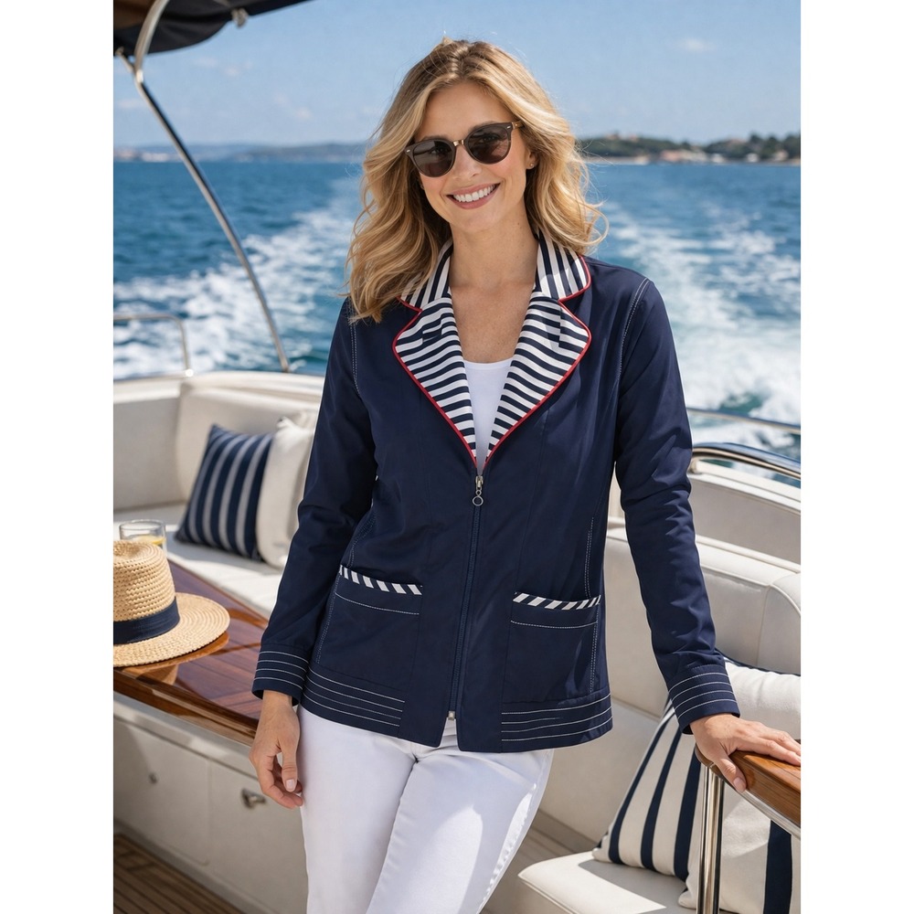 Drapers & Damons Jacket Women's Petite Medium Nautical Striped Wheel Zipper Pull